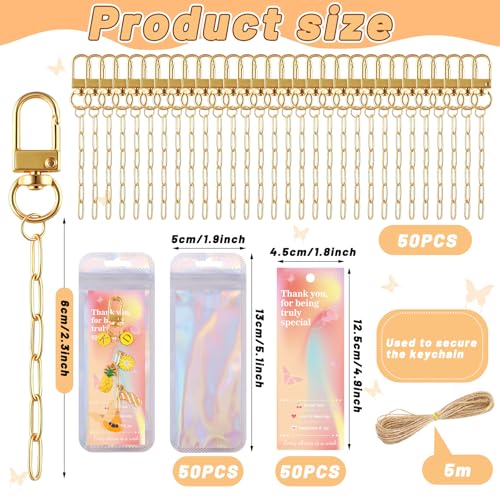 Wurosi 50 Set Paperclip Keychain Making Kit, Bag Charm Kit, 50 Keychain Clips, 50 Extender Chain, 50 Resealable Pouch Bag, 50 Thank You Cards, 5M Hemp Rope, Jewelry Making Kit for DIY Keyrings Charms - color: 50 Set Keychain Making Kit