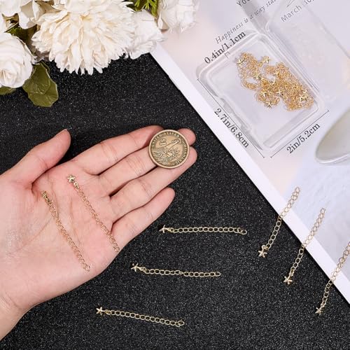 Beebeecraft 1 Box 20Pcs Golden Necklace Extender Real 18K Gold Plated Brass Metal 3D Star Shaped Charm Ends Tail Extension Curb Chain for Jewelry Making Necklaces Bracelets DIY Crafts Supplies - color: Gold-star