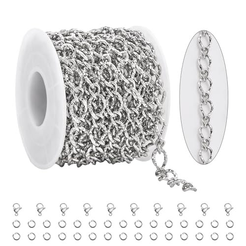 KYUNHOO 16.4 Feet Stainless Steel Jewelry Making Supplies for Men Women DIY Necklace Bracelet Crafts Silver Roll of Jewelry Rhombus Bulk Chain Links with Connectors for Handcraft Making - color: Twist Silver