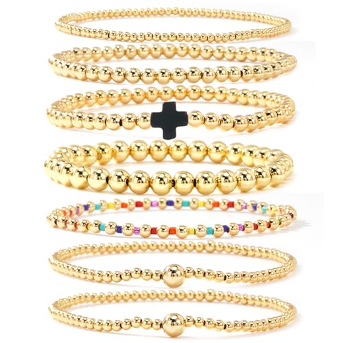 14K Gold Beaded Cross Beaded Bracelet Stack Set for Women,7PCS Bohemian Colorful Beads Ball Stretch Stackable Bracelets Trendy Holiday Birthday Gift - color: Black