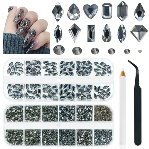 qiipii Black Diamond Nail Rhinestones Multi Shapes Crystals Flatback K9 Glass Dark Gray Stones Gems Round Beads Diamonds Jewels Charms for Nails Face Eyes Makeup Clothes Shoes Crafts Tumblers Bottles - color: Black Diamond, size: A Set