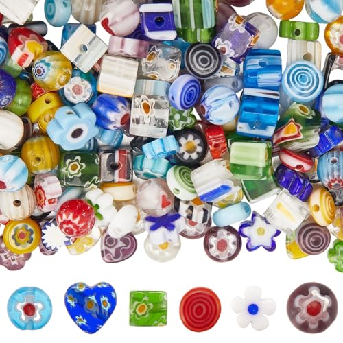 1 Box 6 Styles 180PCS Mixed Millefiori Handmade Lampwork Glass Beads with Holes Assorted Flower Heart Flat Round Shape Cube Loose Charms Bead for Jewelry Making Bracelets DIY Craft Supply - size: 180Pcs 6mm, style: Mixed