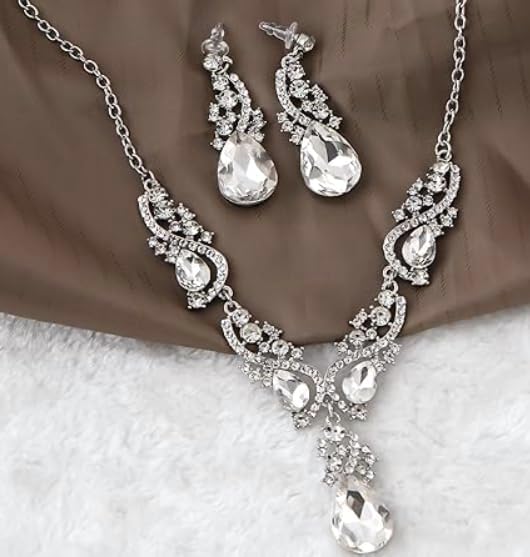 Secret for Longevity Silver Tone Antique Style Art Deco Clear Crystal Rhinestone Statement Wedding Bridal Prom Chunky Statement Earrings Necklace Gift Set