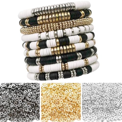 6mm Flat Round Spacer Beads, Clay Beads for Bracelets Making Kit, Heishi Polymer Flat Disc Spacer Beads for Jewelry Making, Clay Beads for Jewelry Making Gold Beads Silver (3000pcs) - color: 3000pcs