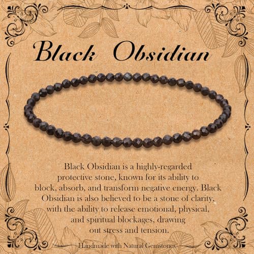BONNY BOXX Natural Genuine Gemstone Faceted Round Beads Bracelets, 3mm Adjustable Stretchy Tiny Faceted Black Tourmaline Bracelet, Healing Crystal Reiki Chakra Dainty Jewelry Fashion Gifts - color: Black Obsidian