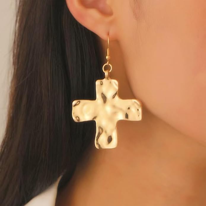 Chunky Gold Big Hammered Cross Drop Dangle Earrings for Women Trendy, Bold Thick Large Silver Cross Hook Earrings Dainty Vintage Faith Chain Jewelry