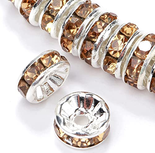 200Pcs 8mm Rondelle Spacer Beads Silver Plated Yellow Crystal Rhinestone for Jewelry Making Loose Beads for Bracelets - color: yellow, size: 8mm
