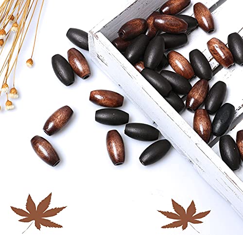 40 Oval Wooden Beads Variety Pack, 13 x 25mm Wood Dreadlock Hair Braid Beads with 4mm Hole Mixed Colors Wooden Tube Spacer Beads for Macrame Jewelry Craft Making - color: 26x13mm, Coffee&Dark Brown#40pcs