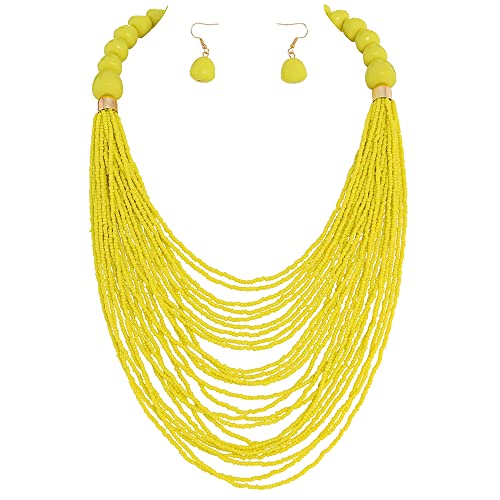 Bocar Necklace for Women, Multi Layer Statement Necklace, Long Chain Chunky Bib Seed Beads Necklace, Necklace Earring Set for Women Gift (NK-10693) - color: Yellow