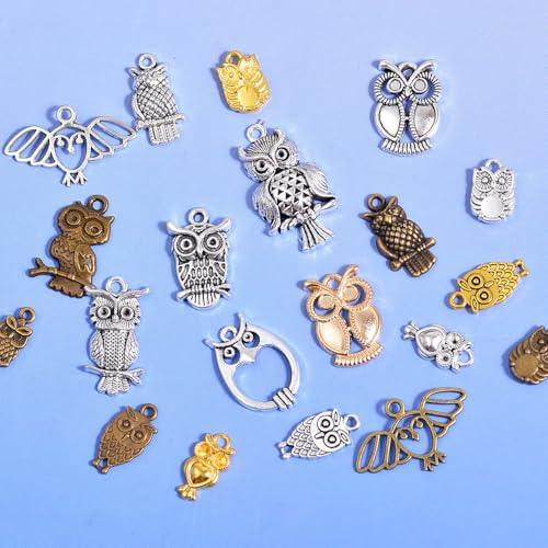 stino 100g Metal Pendant Charms for Jewelry Making, Bulk Silver & Gold Plated Charms for Braclet Necklace Crafts, Animal Plant Flower Pet and so on - color: Owl Silver & Bronze