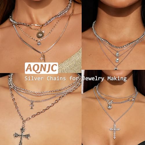 AQNJC Silver Chain for Jewelry Making, 98 Feet 12 Rolls Jewelry Chains with Silver Letter Charms for Women DIY Necklace Bracelet Making Supplies with Jump Rings, Lobster Clasps, Connectors - color: 12 Rolls Silver Necklace Chains with Silver Charms