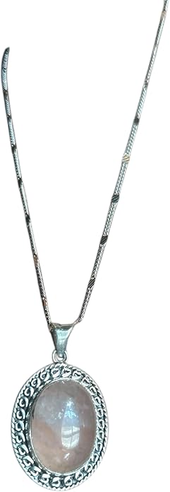 Sterling Silver Necklace with Rose Quartz Teardrop Pendant, Beaded Frame Design, Delicate Chain