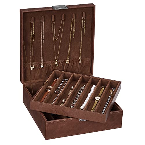 BEWISHOME Jewelry Boxes for Women, 2-Layer Necklace Organizer Box, Modern Style Jewelry Organizers and Storage with Removable Pad, Mothers Day (Brown SSH31Z) - color: Brown