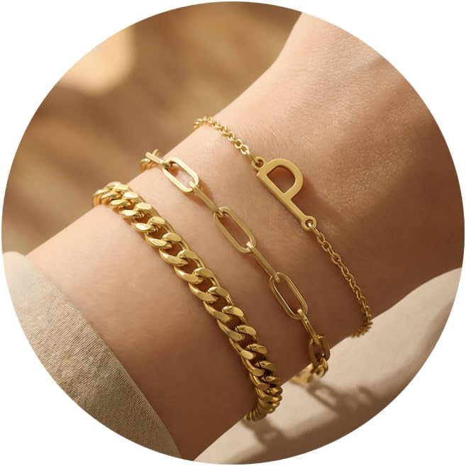 14K Gold Plated Bracelets for Women, A–Z Initial Charm Bangles Jewelry Set, Elegant Gold Accessories, Friendship Bracelet Gifts for Mom