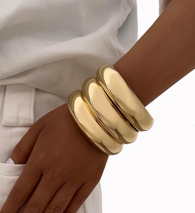Chunky Gold Bangle Bracelets for Women, Dainty 14k Gold Plated Big Stackable Bangles Set, Trendy Cuff Bracelet Stack Fashion Jewelry Gifts