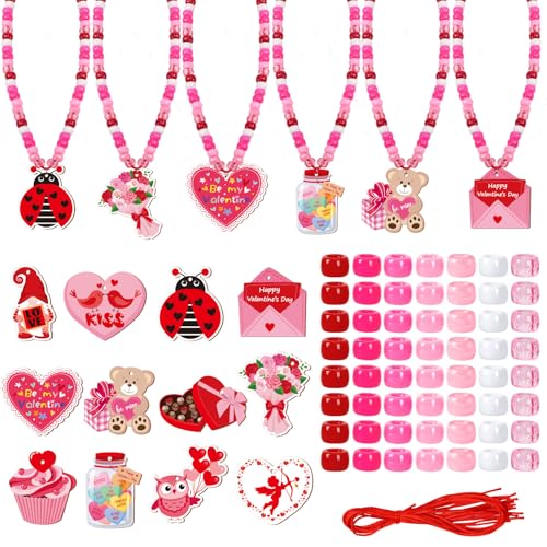 DTOFOOT 24 Set Valentine's Day Craft Kit, DIY Valentine Bead Necklaces Red Pink Heart Chocolate Ludy Bugs Crafts Gifts Classroom Activity Supplies Party Favor