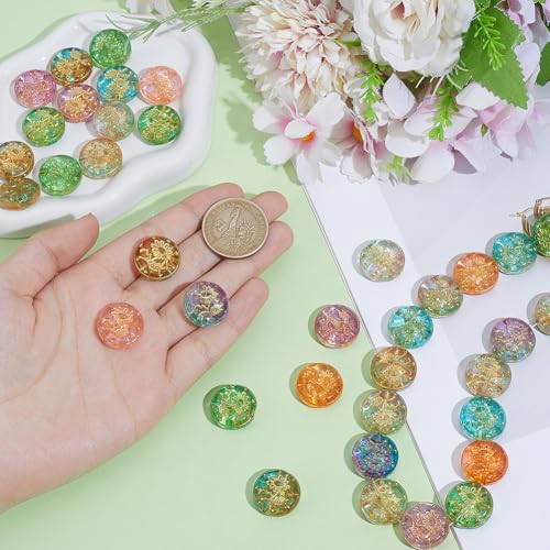 1 Box About 40Pcs Glass Flat Round Beads Metal Enlaced Flower Pink Green Transparent Bohemian Charm Golden Sunflower Paint Vintage Bead for Jewelry Making Bracelet Keychain Diy Craft Supply