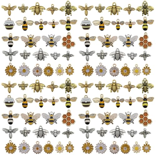 Youdiyla 50pcs Alloy Antique Silver Enamel Bee Daisy Set Pendant Jewelry Making DIY Keychain Earrings Pendant Various Design Charms for Jewelry Making Bracelets Necklace (SN1009) - color: SN1009