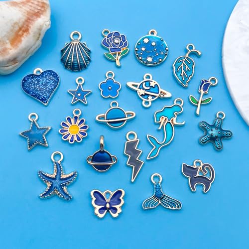 Youdiyla 60pcs Alloy Enamel Deep Blue Series Flower Butterfly Leaf Star Set Pendant Jewelry Making DIY Keychain Earrings Pendant Various Design Charms for Jewelry Making Bracelets Necklace (SN995) - color: SN995
