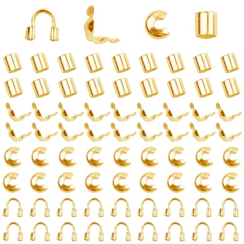 1400 Pieces Brass Tube Crimp Beads Wire Guardians Crimp Bead Knot Covers Bead Tips Knot Covers for DIY Bracelets Necklaces Jewelry Making Crafts Supplies(Gold) - color: Gold