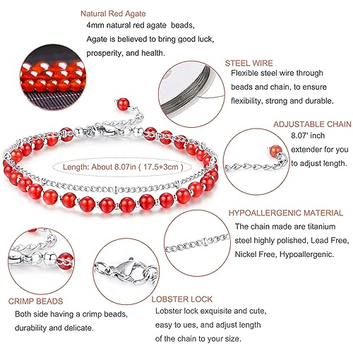 Peridot Stand Silver Gold Bracelets, Handmade Birthstone Stack Bracelet Crystal Gemstones Bead Chain Gift for Women, 8" - color: Red Agate