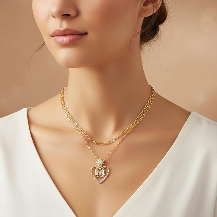 Heart Letter Necklaces for Women 14K Gold Plated Cubic Zirconia Heart Initial Layered Necklace Infinity Pendant Necklace Letter Initial Jewelry for Women