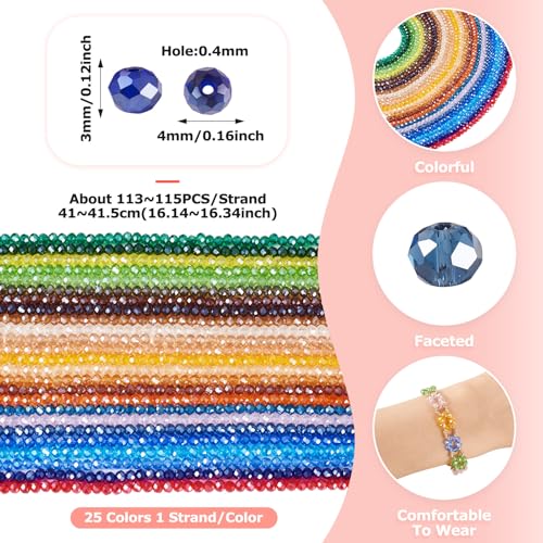 Craftdady 25 Strands Faceted Rondelle Glass Beads 4 mm Colorful Briolette Glass Crystal Spacer Beads Tiny Loose Beads for Bracelet Necklace Jewelry Making DIY Supplies - size: 4mm