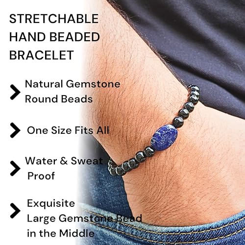 Black Obisidian Bracelets for Men 8" Inch Full Stretch Healing Crystal Bracelet, Beaded Charm Bracelet for Men Gifts Fathers Day Anniversary Birthday Gifts for Him - color: Black Obsidian & Lapis Lazuli Bracelets