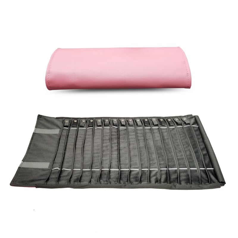 Portable Jewelry Roll Untangled Secure Necklace Travel Storage Bag Displays Holder 16 Chain (Pink PU and gray velvet) - color: Pink PU and gray velvet