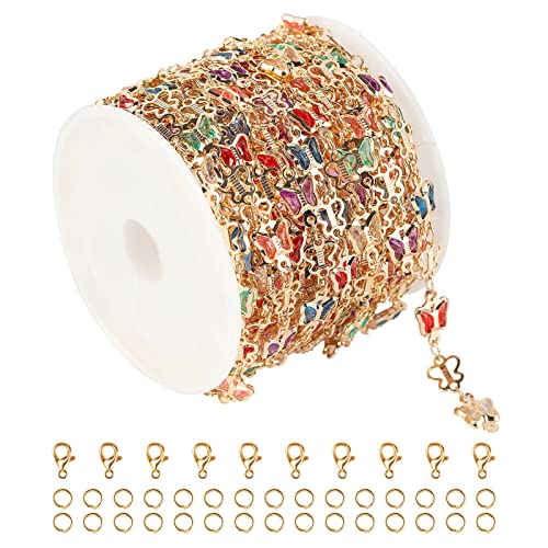 16.4 Feet Gold Plated Necklace Chain for Jewelry Making, Colorful Rhinestone Butterfly Cable Link Chain Bulk with Open Jump Rings and Lobster Clasps - color: Colorful Butterfly- Gold