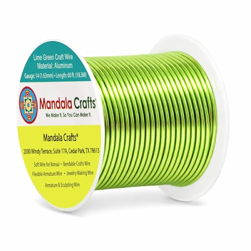 Mandala Crafts 14 Gauge Anodized Aluminum Craft Wire for Jewelry Making - 60 FT Colored Flexible Lime Green Wire - Bendable for Bonsai Armature Crafting Sculpting - color: Lime Green, size: 14 Gauge