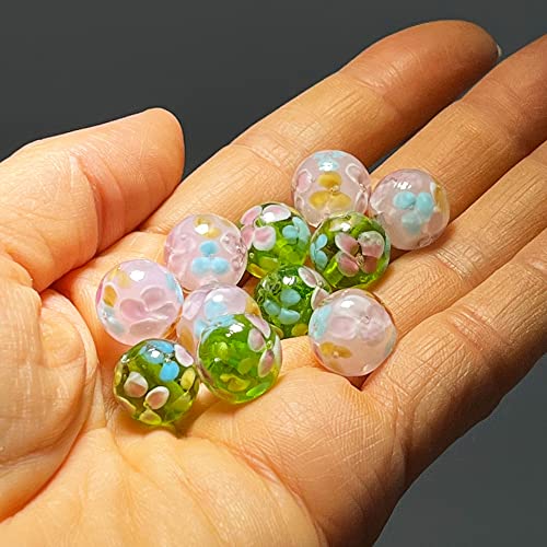 Artsy Crafts 20 Pcs 12mm Lampwork Flower Glass Beads, European Murano Glass Beads, Handmade Loose Crystal Beads for Jewelry Making Charm Bracelet Necklace Earrings Rosary (Green + Pink) - color: Green + Pink