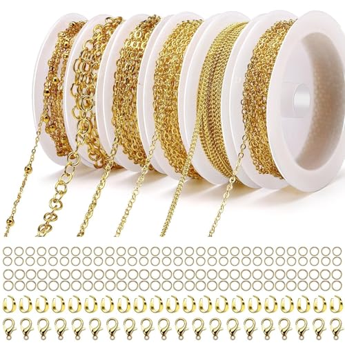 6 Rolls Necklace Chains for Jewelry Making 46 Feet Chain Jewelry Chain with Jump Rings Lobster Clasps Pinch Clasps for Jewelry Craft DIY Making Supplies (Gold) - color: 6 Rolls Gold