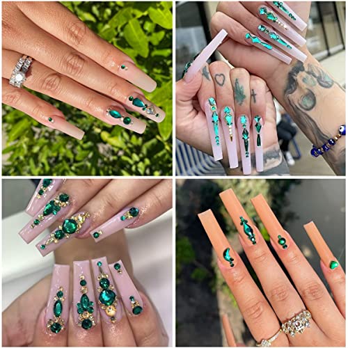 qiipii Emerald Green Nail Rhinestones Multi Shapes Flatback Green Crystals Gems Round Beads K9 Glass Stones Diamonds jewels Nail Art Supplies Nail Charms for Nails Faces Eyes Makeup Crafts DIY - color: Emerald Green, size: B Set