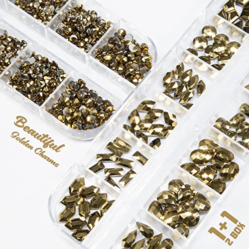 qiipii Old Golden Nail Rhinestones 120 Multi Shapes Flatback Gems K9 Glass Stones Metallic Gold Round Beads Diamonds Jewels Crystals w Pick Pen Charms for Nails Faces Eyes Makeup Crafts Clothes Shoes - color: Metallic Golden, size: A Set