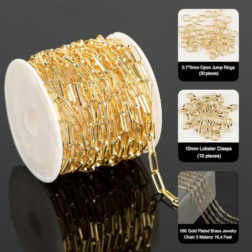 YOUBEIYEE 16.4 Feet 18K Gold Plated Brass Chain Roll Flat Paperclip Chain for Jewelry Making Handmade Women Necklace Bracelet DIY Jewelry Findings - color: Flat Paperclip