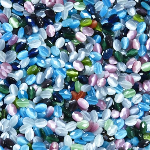 28pcs 10x14mm Mixed Colors Cat's Eye Flat Faceted Oval Stone Loose Gemstone Beads Semi-Precious Craft Supplies for DIY Jewelry Making - color: Faceted Oval Mixed Colors