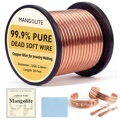 12 Gauge/2.0mm Copper Wire for Gardening & Jewelry – 50 Feet 1 Pound Spool with Polishing Cloth & COA – 99.9% Pure Dead Soft Bare & Skin Safe Uncoated Craft Wire for Electroculture & DIY - size: 12 Gauge, style: 1 Pound