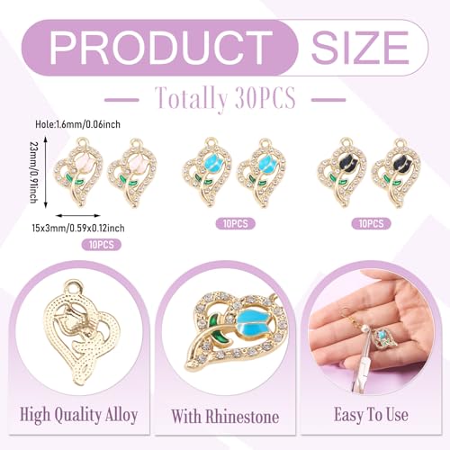FASHEWELRY 30Pcs Heart Crystal Rhinestone Pendants Valentine Day Love Heart with Rose Flower Charms Light Gold Metal Dangle Charms for Bracelet Necklace Earring Jewelry Making Craft - color: Heart with Flower-3 Colors
