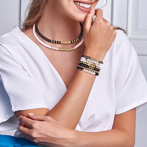 White Black Clay Beads Bracelet Making kit, Funtopia Heishi Beads Polymer Clay Beads for Jewelry Making, Friendship Bracelet Kit with Gold Beads Alphabet Letter Beads for Girls Adults (6mm) - color: 3.Black and white