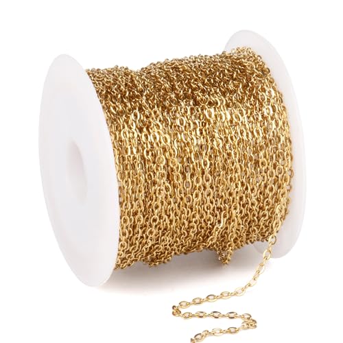 33 Feet 18K Gold PVD Plated Stainless Steel Cable Chain Bulk, 1.5mm 304 Stainless Steel Flat Cable Link Chains Roll Spool for Jewelry Making Necklace DIY Craft - color: Gold Color, size: 1.5mm width