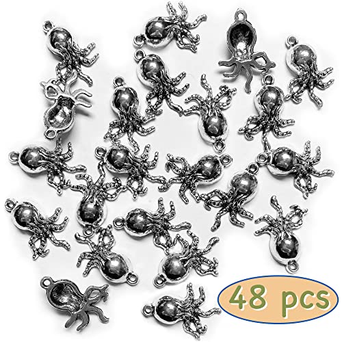 Heather's cf Silver Sea Charms – Antique Pendants, Non-Tarnish, Lead-Free & Nickel-Free, Bulk Ocean Animal Charms for DIY Jewelry, Bracelets, Necklaces, Earrings, Beach Craft Supplies (Sea Animals) - color: Octopus - 48 Pc