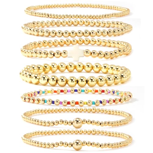 14K Gold Beaded Cross Beaded Bracelet Stack Set for Women,7PCS Bohemian Colorful Beads Ball Stretch Stackable Bracelets Trendy Holiday Birthday Gift - color: Beige