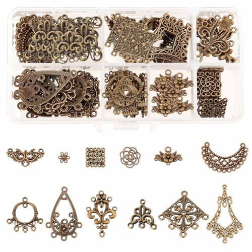 SUNNYCLUE 1 Box 72Pcs 12 Styles Filigree Connector Charms Flower Alloy Hollow Links Teardrop Square Oval Moon Shape Filigree Metal Embellishments for Crafts Supplies, Antique Bronze - color: 72pcs 12 Styles