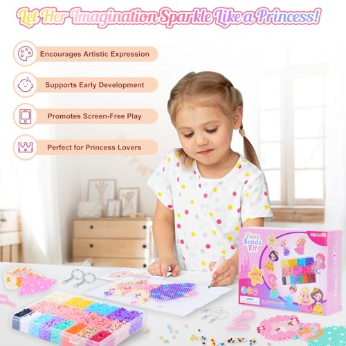 Meland Princess Fuse Beads Craft Kit for Girls, 5mm Beads Set with Pegboards & Accessories, Creative DIY Art Toy for Kids Ages 5-12, Perfect Birthday or Christmas Gift for Little Princesses - size: 4800 pcs without Iron