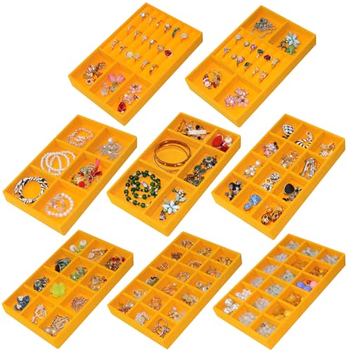 Set of 8 Stackable Velvet Jewelry Trays Organizer Jewelry Display Storage Box Dresser Drawer Organizer for Earring Necklace Bracelet Ring Accessary - color: Yellow, size: 8 Pcs