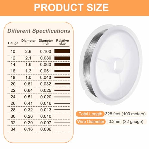 HARFINGTON Craft Wire 328ft Length 32 Gauge Stainless Steel Craft Jewelry Wrapping Wire Tarnish Resistant Beading for Jewelry Making Supplies Crafting, Silver - size: 32 Gauge x 328ft