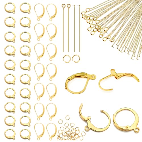 180Pcs No Tarnish Leverback Hooks & Pins for Earring Making, stino Hypoallergenic Stainless Steel Jewerly Findings Supplies, Gold Plated & Silver Kit (Gold) - color: Gold