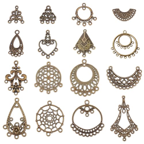 SUNNYCLUE 1 Box 64Pcs 16 Style Chandelier Connector Charms Component Connector Charm Tibetan Style Bronze Filigree Charms Findings Loops for Jewelry Making Earring Drop Women Adults DIY Crafts - color: 64pcs 16 Style Antique Bronze