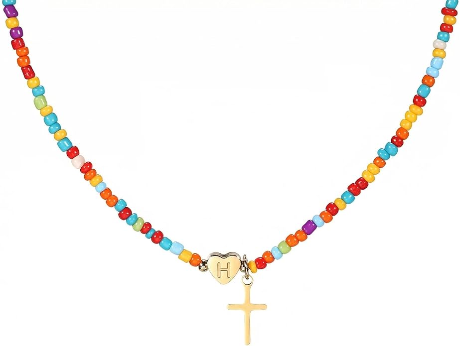 Colorful Initial Cross Necklace for Girls Women Kids - Teen Girls Gifts Trendy Stuff Beaded Letter Cross Choker Necklace for Girls Gifts Jewelry